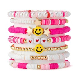 7pcs Friendship Bracelets Set, Colorful Preppy Smile Beaded Stretch Bracelets Stackable Heishi Surfer Clay Pearl Bead Bracelets for Girls Elastic Layering Bracelet Song Album Jewellery Gift Idea, Pink