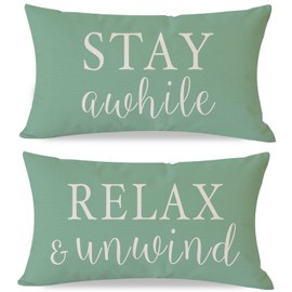 PANDICORN Decorative Throw Pillow Covers 12x20 Inch Set of 2 Stay Awhile Relax & Unwind Sage Green Outdoor Farmhouse Spring Summer Porch Patio Decorations Lumbar Cushion Cases for Sofa Couch Decor