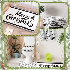 Newwiee 7 Pcs Merry Christmas Black and White Tree Shower Curtain Set Bathroom Decor Shower Curtain and Rugs Towels Toilet Mat Waterproof Watercolor Bath Curtain Winter Snow Tree Bathroom Decor