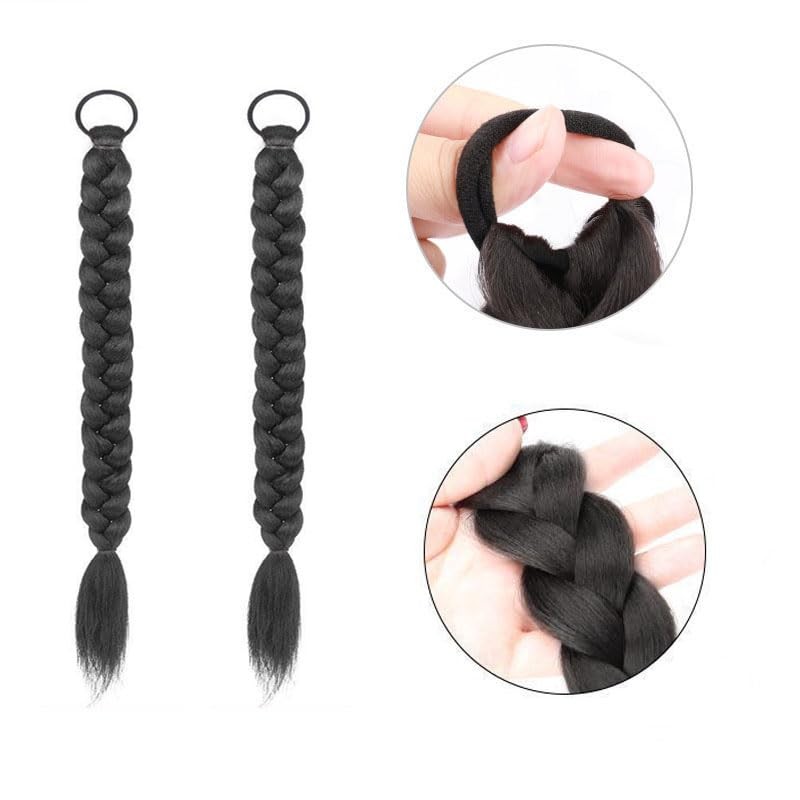 2Pcs Braided Ponytail Extension with Hair Ties Synthetic Hairpiece Straight
