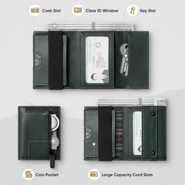 VULKIT Mens Wallet RFID Blocking Leather Compact Trifold with Zippered Coin Pocket, ID Window and Business Card Holder Green