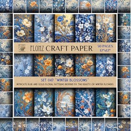 Scrapbook Paper (30 Pages 12"x12") Winter Blossoms: Intricate Blue and Gold Floral Patterns Inspired by The Beauty of Winter Flowers FLONZ Vintage Styled Double Sided Paper Pad for Craft Cardmaking