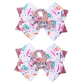 4" Glitter Happy Birthday Hair Bow Clips for Girls Ages 1-6, Pink Ribbon Cheer Bow Barrettes Alligator Hairpins, Confetti Ice Cream Party Dress Accessories, Her 2nd Birthday Gift