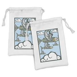Lunarable Fish Fabric Pouch Set of 2, Flock of Fish with Wings Flying in the Cloudy Sky Cartoon Woodcut Style Illustration, Small Drawstring Bag for Toiletries Masks and Favors, 9" x 6", Multicolor