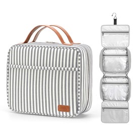 Hanging Toiletry Bag, Large Capacity Waterproof Cosmetic Bag, Makeup Organizer with 4 Compartments and Sturdy Hook for Men and Women, Grey and White Stripes, Large
