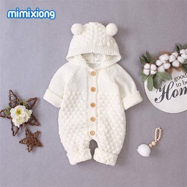 LOPJGH Newborn Baby Girls Boys Hooded Sweater Romper KnitBear Ear Long Sleeve Solid Color Button Jumpsuits Winter Clothes (White, 12-18 Months)