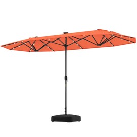 HAPPYGRILL Double-Sided Patio Umbrella with Solar Lights, 13FT Large Umbrella with Crank Handle, Weighted Base, Market Twin Table Umbrella for Outdoor Backyard Garden Poolside (Orange)