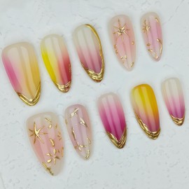24Pcs French Tip Press on Nails Medium Almond Fake Nails with Gold Star and Nail Tips Embossed Pattern Gradient False Nails Design Full Cover Nude Stick on Nail Daily Wear Manicure for Women