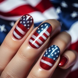 TBRZTR 24Pcs Independence Day Press on Nails Short Oval 4th July Patriotic False Nail Stars Red White Stripes Design Glossy Holiday Artificial Fingernails Full Cover Press Ons Glue on Nails for Women