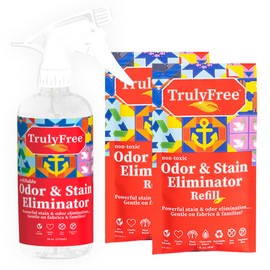 2-Pack TrulyFree Odor & Stain Eliminator - Odor and Stain Remover for Upholstery, Dog Pee, etc - Includes: Empty refillable 16oz Spray Bottle, 2 Refill pouches (3 oz ea), one for initial fill