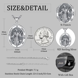 St Francis of Assisi Necklace S925 Sterling Silver Saint Francis Medal Jewelry Saint Amulet Protection Pendant Necklace Birthday Jewelry for Men Women