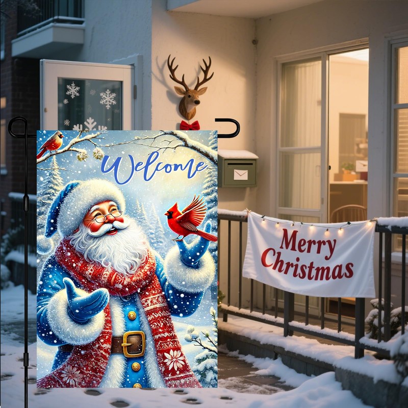 BlissYard Christmas Garden Flag 12x18 Inch Blue Santa Red Yard