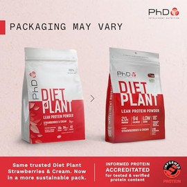 PhD PhD Nutrition Diet Plant, Vegan Protein Powder Plant Based, Strawberries and Cream, High Plant Protein, 40 Servings Per 1 kg Bag (Packaging May Vary)