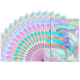Funfery 100 Pack Smell Proof Holographic Bags Clear Window Resealable Bags,Mylar Foil Bag with Zipper,Sealing Pouch Packaging Bag for Food Storage,Candy,Party Favor Sample Business Supplies(3x4.7in