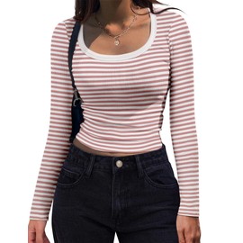 Zeagoo Pink and White Striped Shirts for Women Casual Basic Long Sleeve Scoop Neck Top 2025 Fall Clothes