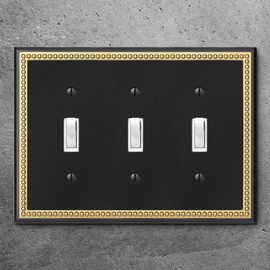 Pearled Frame Decorative Wall Plate Switch Plate Outlet Cover (Triple Toggle, Black & Dark Golden)