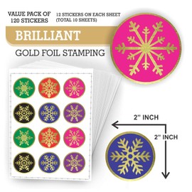 Snowflake Stickers - (Pack of 120) 2" Large Round Gold Foil Stamping Labels for Christmas Holiday Cards Gift Envelope Seals Boxes