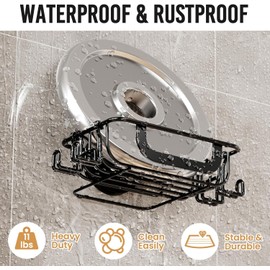 LEVERLOC Soap Holder Dish for Shower Wall, Bar Suction Cup Soap Saver Tray with Hooks, Rust Proof Draining Stainless Steel for Bathroom Bathtub Kitchen Sink & Bath Organizers, Black