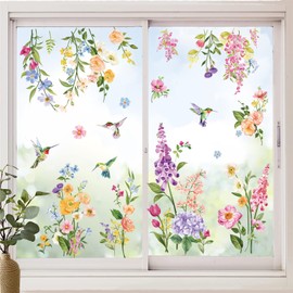 wondever Flower Spring Window Decals Iris Floral Bird Hummingbirds Window Stickers Anti Collision Double-Side Static Glass Sticker Decal for Home Glass Window Clings Decorations
