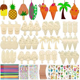 KKTONGXI Hawaiian Style Wooden Craft Set Children, Ice Cream Wood Crafts for DIY Crafts, Wooden Discs for Painting & Hanging, DIY Birthday Party Bags for Children