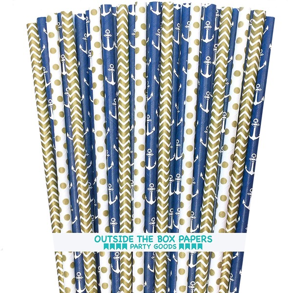 Nautical Anchor Themed Paper Straws - Navy Blue Gold White - Chevron Polka Dot - 7.75 Inches - 100 Pack - Outside the Box Papers Brand