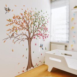 3 Sheets Large Tree Wall Decals Stickers Removable Floral Murals Peel and Stick Colorful Tree of Life Art Vinyl Living Room Decor with Flowers & Birds for Classroom Girls Bedroom Kids Nursery Office