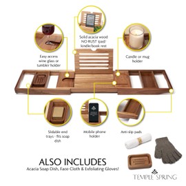 Temple Spring Wooden Bathtub Tray, Acacia Bathroom Accessories, Bath Tray for Tub, at Home Spa Essentials, Board for Tub Table, Bath Caddy for Bathtub Accessories & Bathroom Essentials - Not Teak