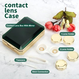 ofone Contact Lens Case, 2 Pack Contact Lenses Holder Cases Kit with Removel Tool Tweezers Mirror Portable Contacts Container Storage Box for Travel (Gold Green)