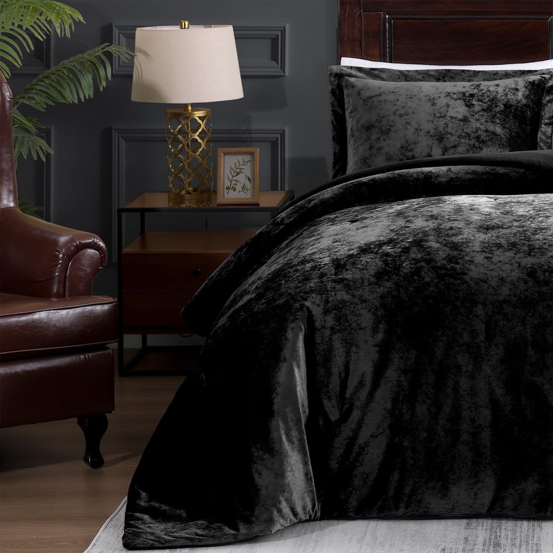 TAMGHO Crushed Velvet Comforter, Black Queen Comforter Set, Luxury Soft