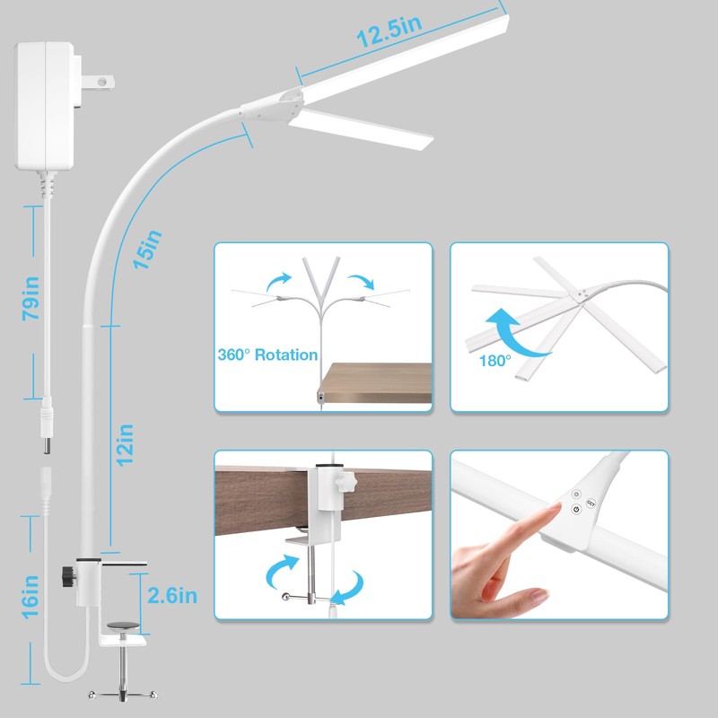 Hensam LED Desk Lamp with Clamp, Double Head Desk Light