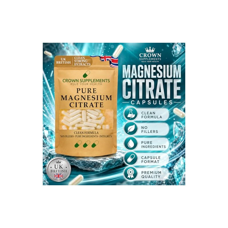 Pure Magnesium Citrate Capsules | Elemental Magnesium 15.3% | Clean