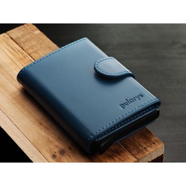 pularys - Mini cartera LONDON - Tarjetero de crédito hecho de cuero italiano - Bloqueo RFID - Tamaño: 7,5 x 9,5 x 3 cm - Cartera de bolsillo frontal para hombres y mujeres, Azul / Patchwork, Pequeño, Minimalista