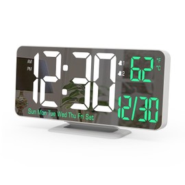 KOSUMOSU Alarm Clock for Bedroom, 6.7" Led Desk Digital Clock,Mirror Clock,Dual Alarm Clock for Living Room with Seconds,Date,Week,12/24h,Dimming,Temp