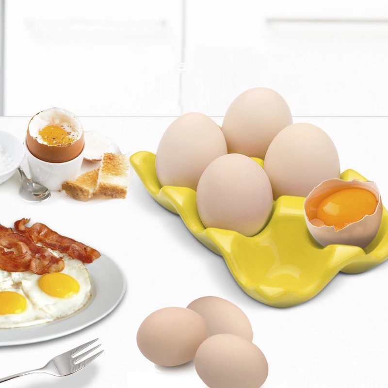 Ceramic Egg Tray 6-Cup Egg Holder Container for Fridge (Yellow,