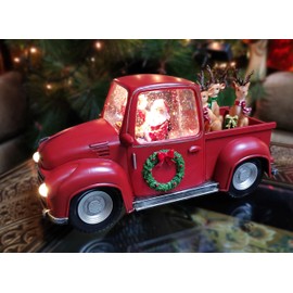 MOMENTS IN TIME 5.9“H Acrylic Truck with Reindeer - LED Lights, Water Spinning Glitter, Battery Operated - Hand-Painted Polyresin