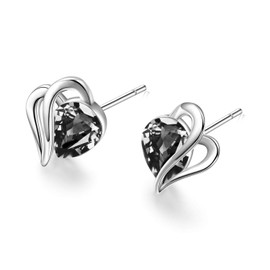 AOBOCO 925 Sterling Silver Studs Earring, Black Heart Crystals Jewellery Hypoallergenic Earring, Best Gifts for Her (Black)