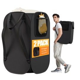 2 Pack Collapsible Backpack Laundry Bag Made by Strong Polyester Oxford Cloth, 76L Heavy Duty Large Hamper with Adjustable Shoulder Strap, Foldable Basket with Mesh Pocket for Dorm, Travel, Apartment