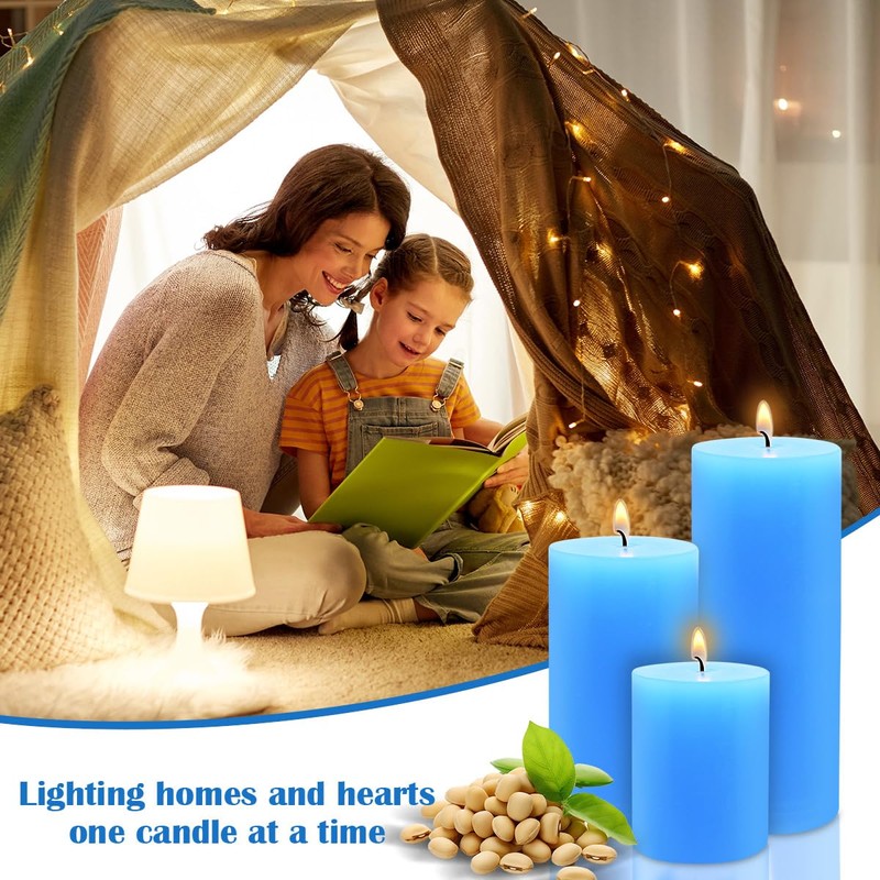 Blue Pillar Candles Set of 3 - Dripless Unscented -
