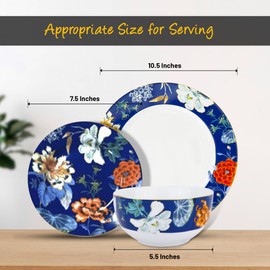 Gusto Buono Porcelain 12Pcs Dinnerware Set – Blue Floral Design | 4 Cereal Bowls (5.5”), 4 Salad Plates (7.5”), 4 Dinner Plates (10.5”) | Perfect Dinner Set for Home Dining, Parties, & Holiday Gifts