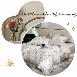 MKXI Eucalyptus Leaves Duvet Cover Lightweight Bedding Set White and Grey Duvet Cover Queen Cooling Lyocell Duvet Cover Ruffles Comforter Cover