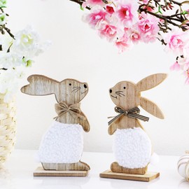 com-four® 2 x Decorative Stands for Easter, Cute Wooden Easter Bunnies, Easter Decoration Made of Wood for Standing, Jute and Wool (2 Pieces, Rabbit with Fur)