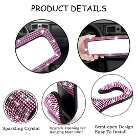 DRAMLOR Bling Rear View Mirror Accessories with 2 PCS Car Seat Hooks for Headrest, Universal Bling Pink Diamond Rear View Mirror Cover for Women ＆ Girls