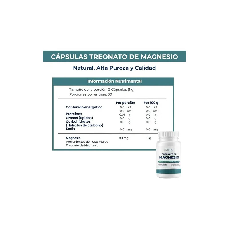 Magnesio Treonato 1000mg Cápsulas Sin Sabor Alta Absorción 60 Unidades