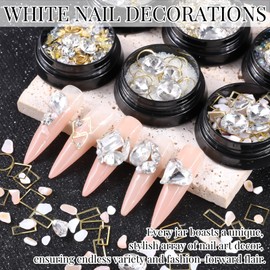 6 Wheels Mixed Sparkle Nail Art Rhinestones Diamonds Crystals Butterfly Beads Artificial Pearls Gold Silver Nail Studs Gems Metal Hollow Rivets Charms (White)