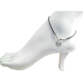 Black Leather 9" Anklet with Silver Tone Heart Padlock Charm ~ Sterling Silver Clasp