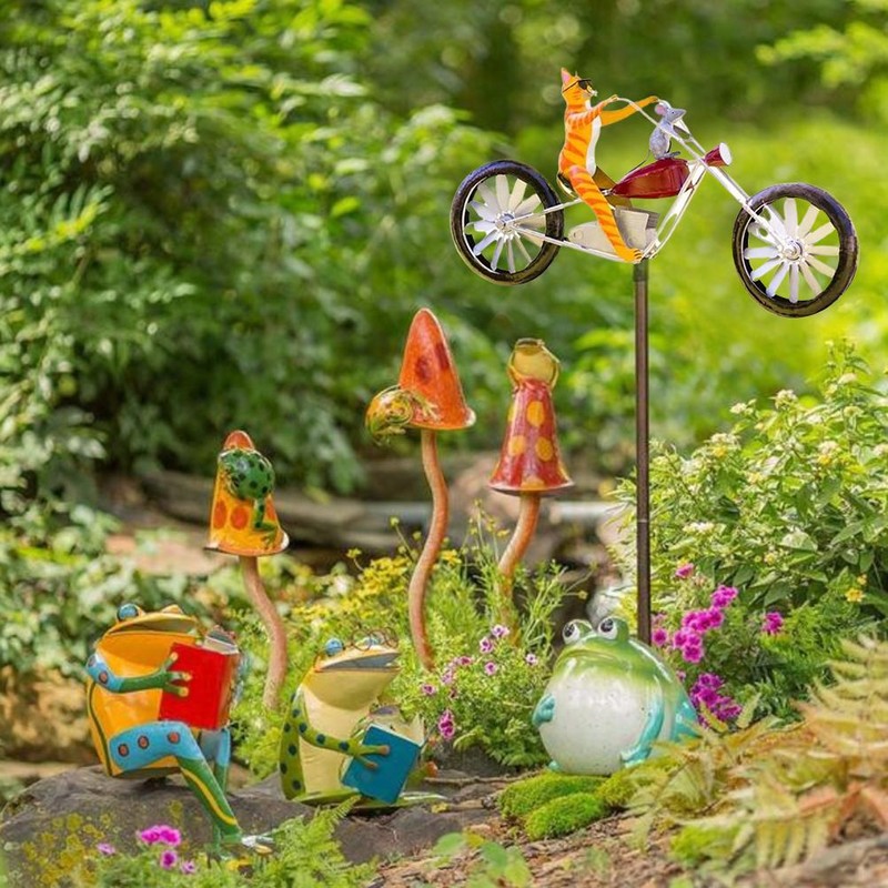 Metal Windmill Handmade Bike Frog Cat Bunny Mantis Sculpture for