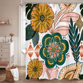 MitoVilla Boho Floral Shower Curtain, Modern Flower Shower Curtains for Rustic Vintage Bathroom Decor, Abstract Fabric Cloth Shower Curtain, Colorful Tropical Leaves, 72x72