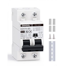 DIHOOL Solar Disconnect Switch, 30 Amp 2 Pole, DIN Rail Mount, Non Polarized, 12V 24V 48V 400V, AC/DC Circuit Breaker, RV Battery Isolator, PV Array MCB, Thermal Magnetic Trip