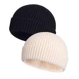 MAIAGO 2 Pack Fisherman Beanie, Wool Knit Cuff Short Watch Cap Fisherman Beanie Winter Warm Hats for Men Women