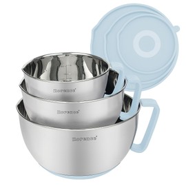 Rorence Stainless Steel Mixing Bowls Set: Non-Slip Silicone Bottom Kitchen Bowls with Pour Spout, Handle and Lid - Set of 3 - Light Blue